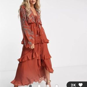 ASOS soft maxi dress with button front and trailing floral embellishment in rust